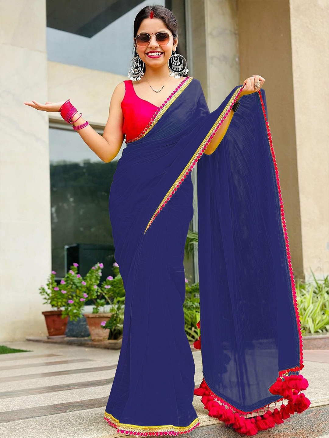 

Aika Women Embroidered Saree With Blouse Piece, Navy blue