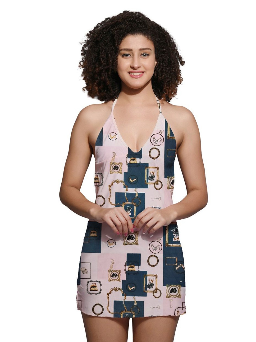 

chia fashions Women Printed Nightdress, Beige