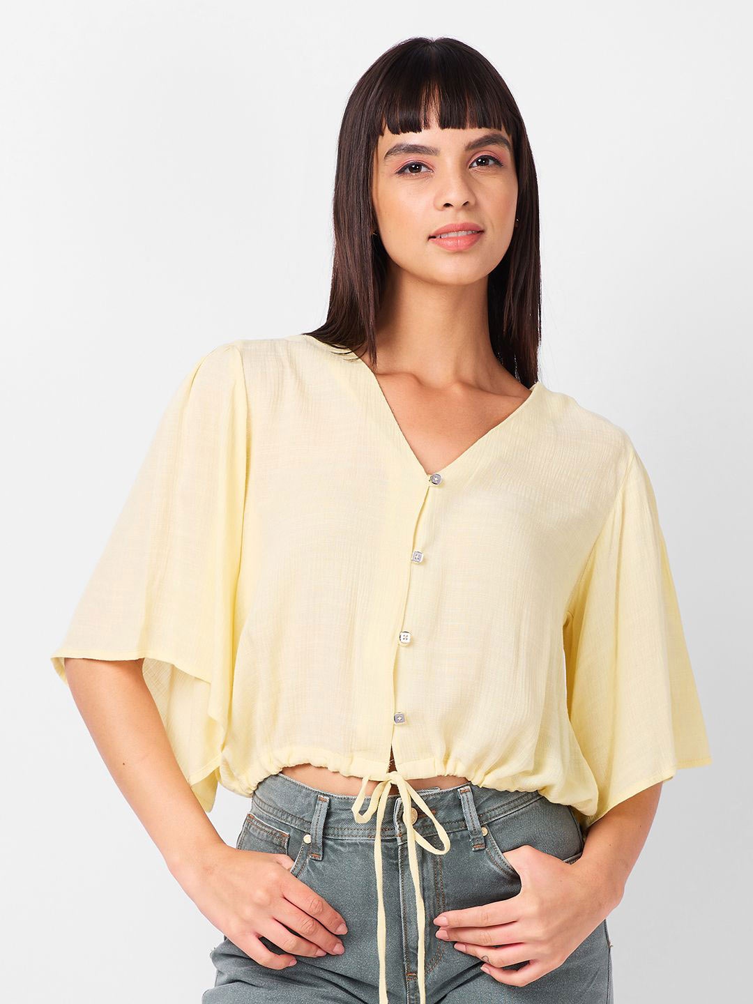 

IZEL Women Flared Sleeve Crop Top, Cream