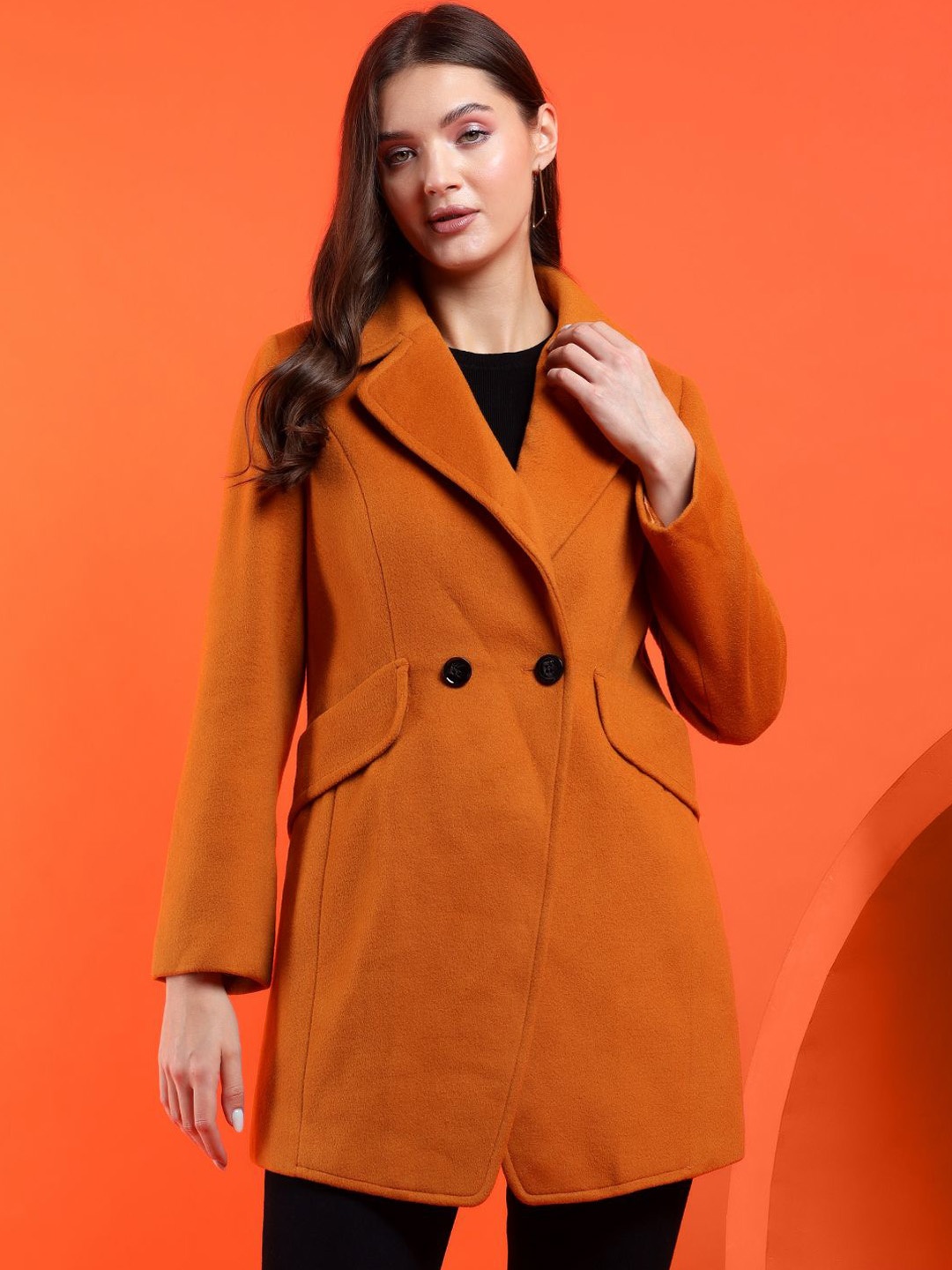 

Stylecast X Kotty Women Solid Double-Breasted Overcoat, Orange