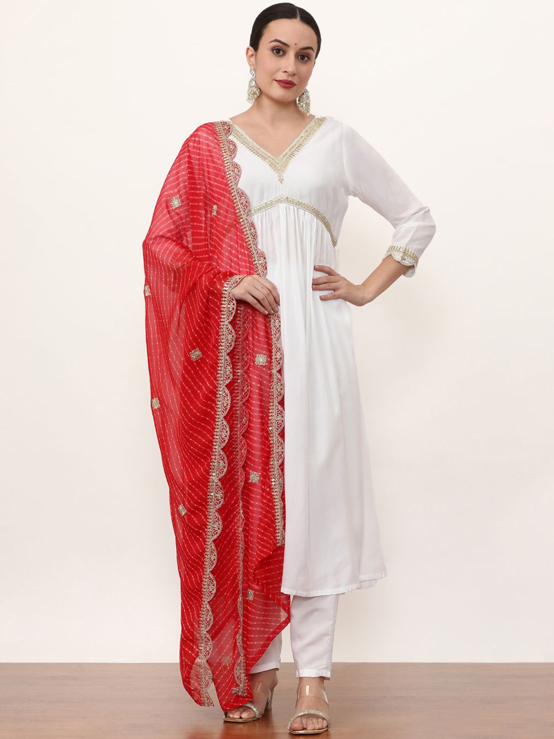 

Jaipur Kurti Women Ethnic Motifs Embroidered Empire Gotta Patti Kurta with Trousers & With Dupatta, Red