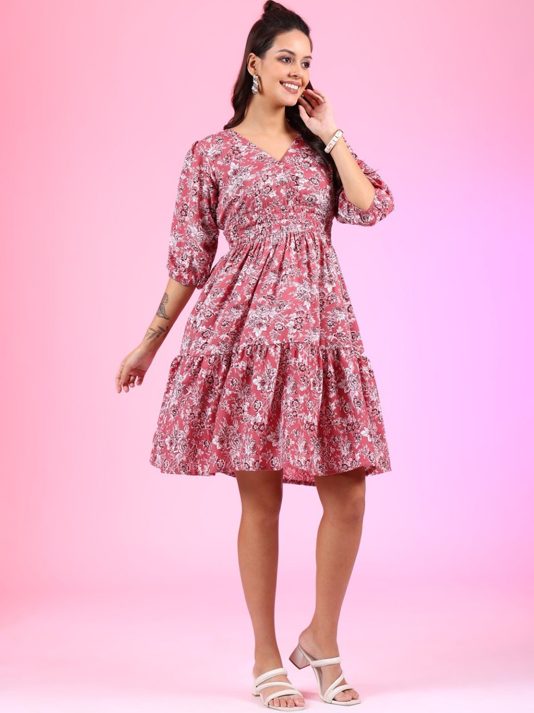 

Raiyani Enterprise Print Crepe Fit & Flare Midi Dress, Pink