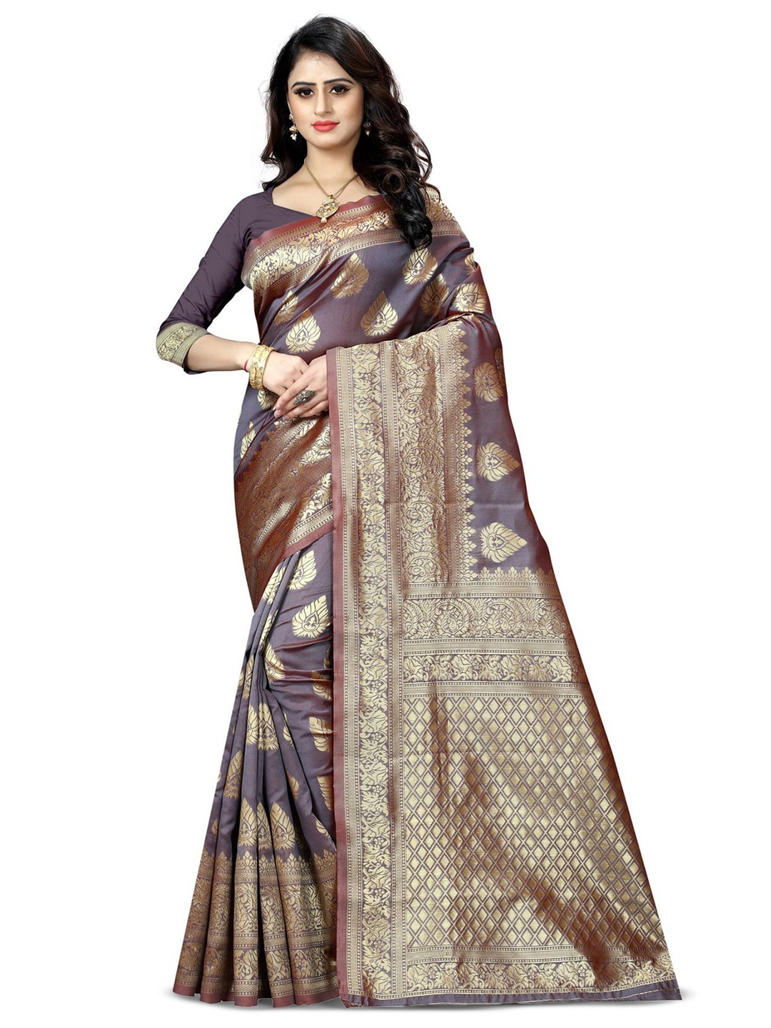 

KALINI Woven Design Zari Silk Blend Kanjeevaram Saree, Grey