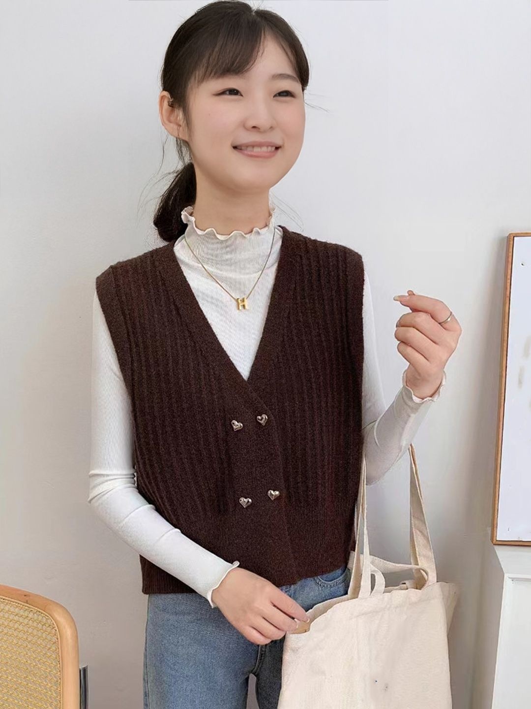 

StyleCast Women Striped V - Neck Cardigan Sweater, Coffee brown