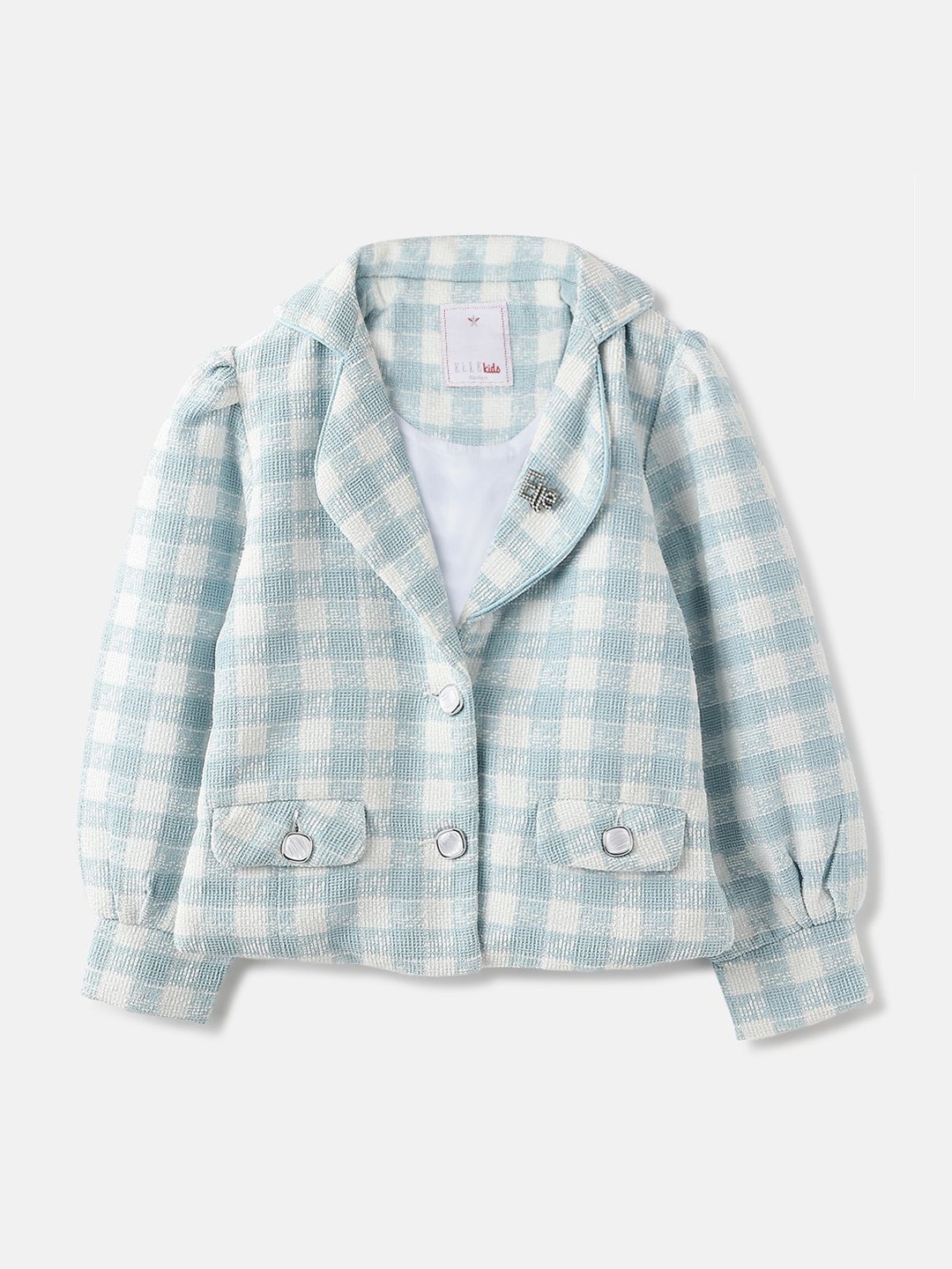 

ELLE Checked Girls Single-Breasted Overcoat, Blue