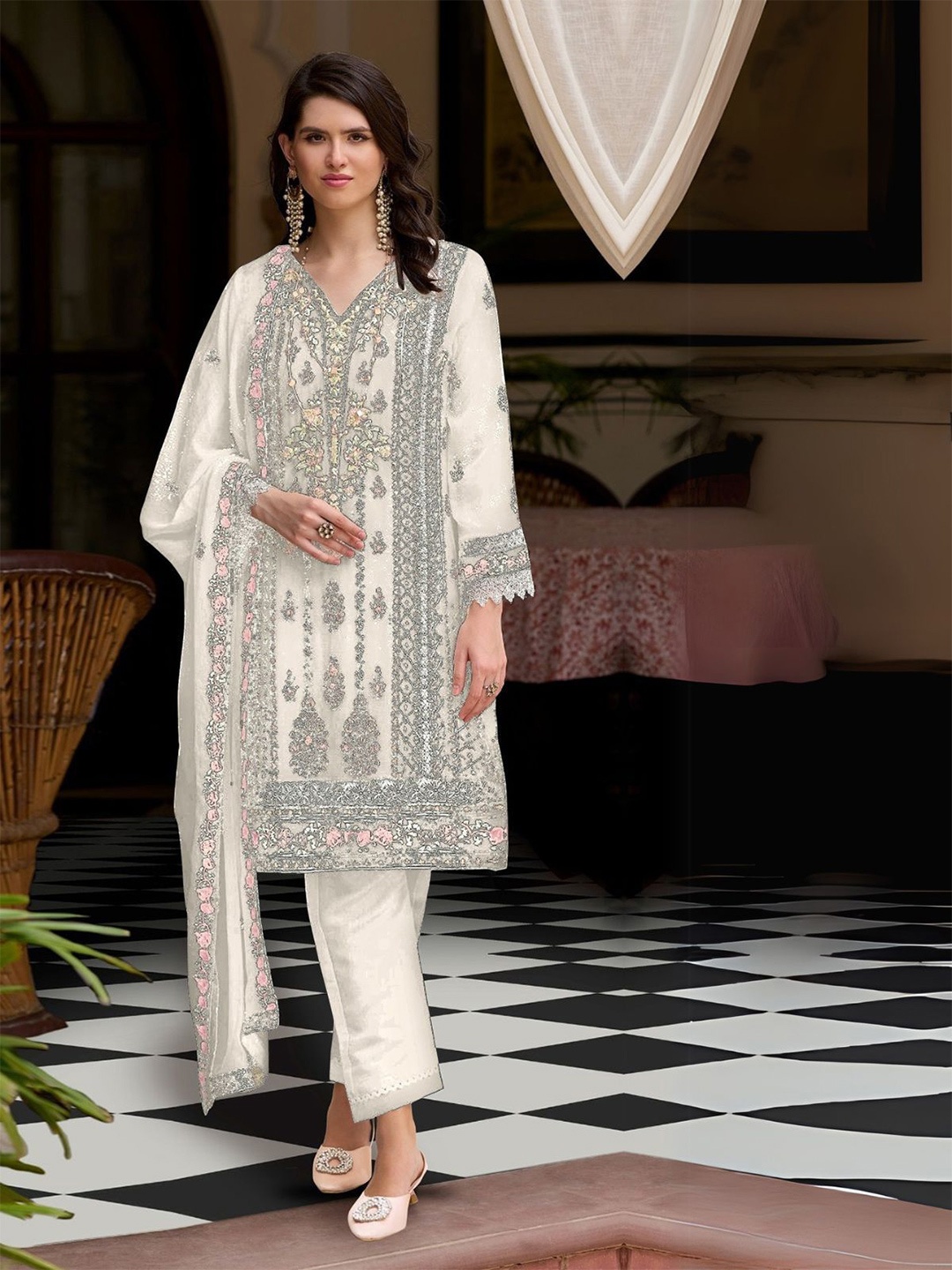 

ODETTE Floral Embroidered Straight Kurta with Pyjamas & With Dupatta, White