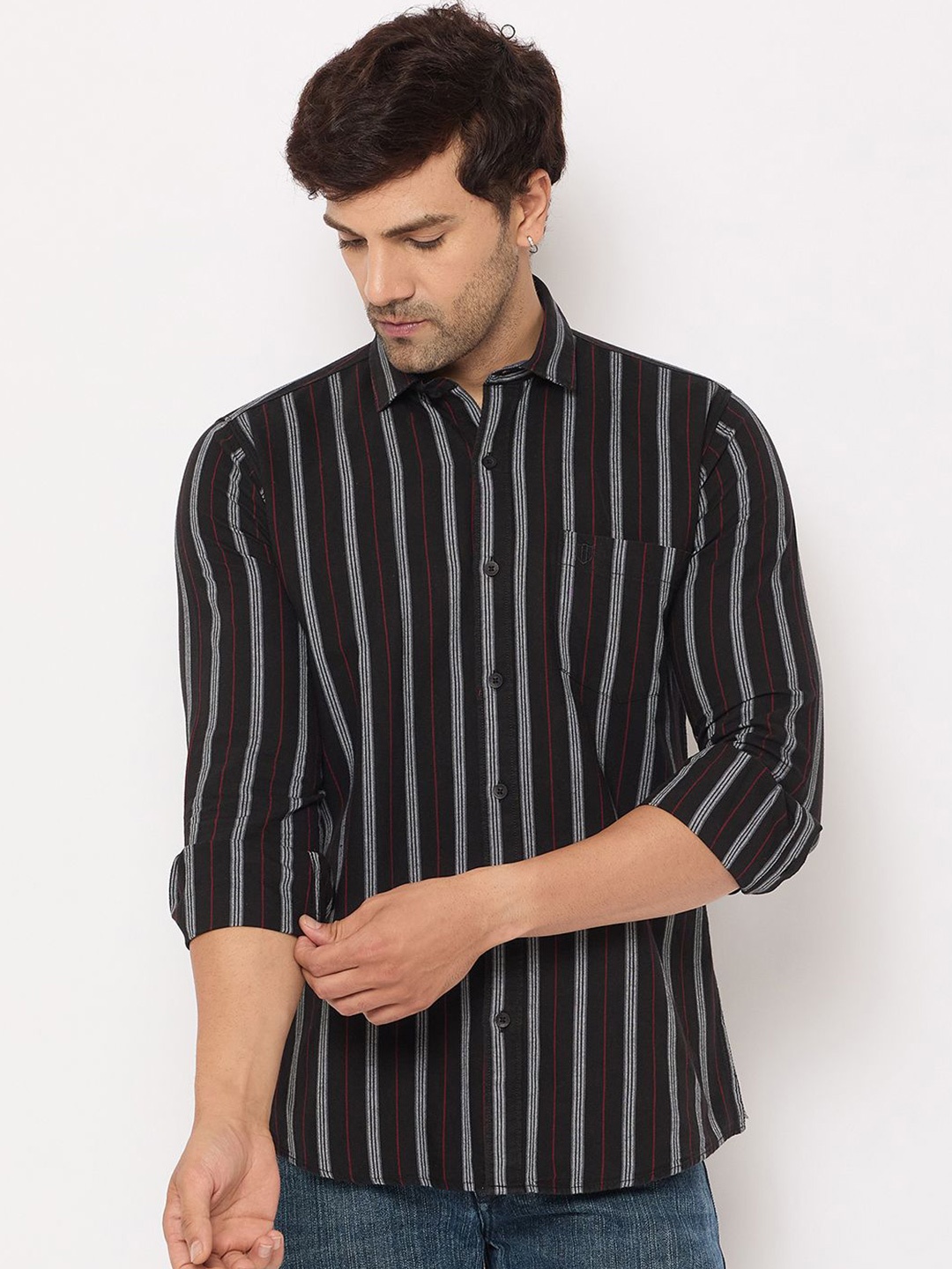

Duke Men Spread Collar Vertical Striped Cotton Slim Fit Casual Shirt, Black