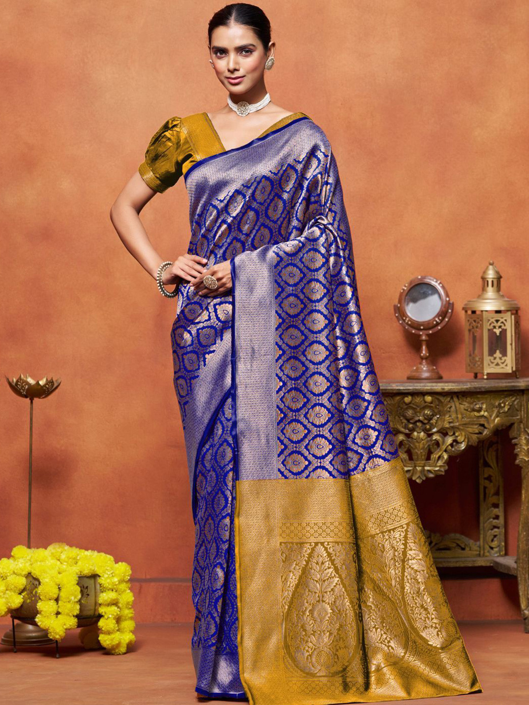 

KALINI Ethnic Motifs Zari Traditional Banarasi Saree, Navy blue
