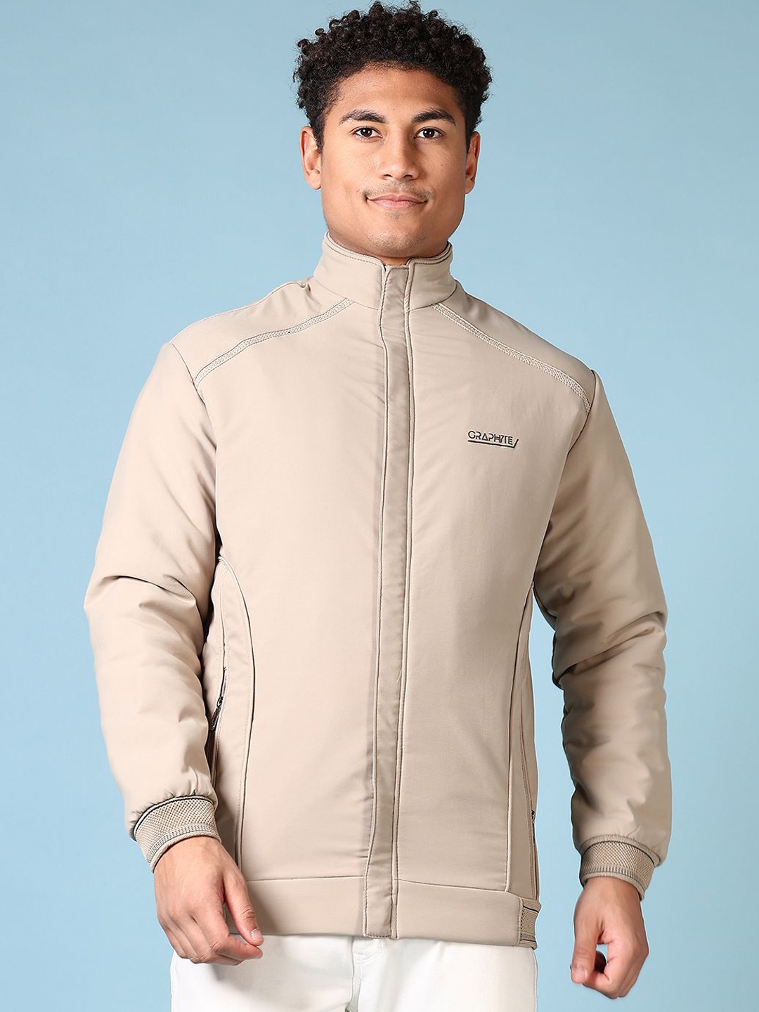 

V-Mart Men Geometric Bomber Jacket, Beige