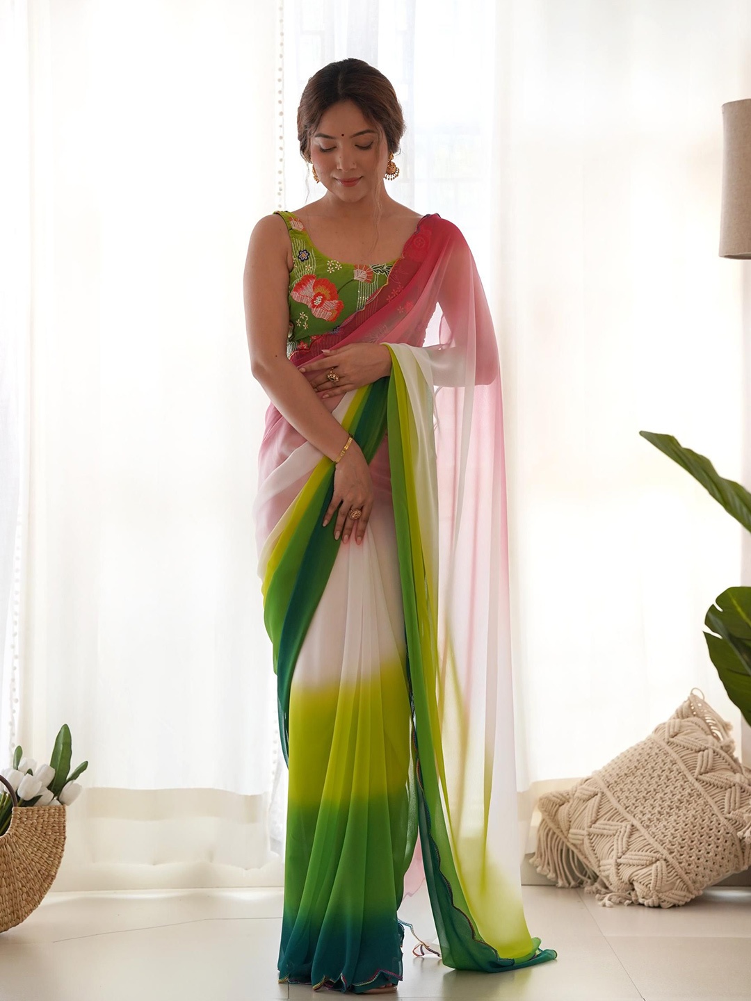 

Kalista Floral Embroidered Pure Georgette Holi Saree, Green