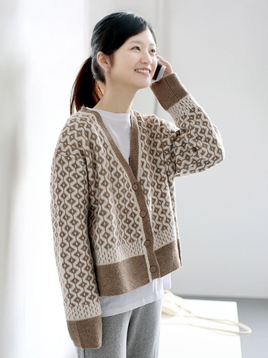 

StyleCast Women Geometric Self Design Cardigan, Khaki