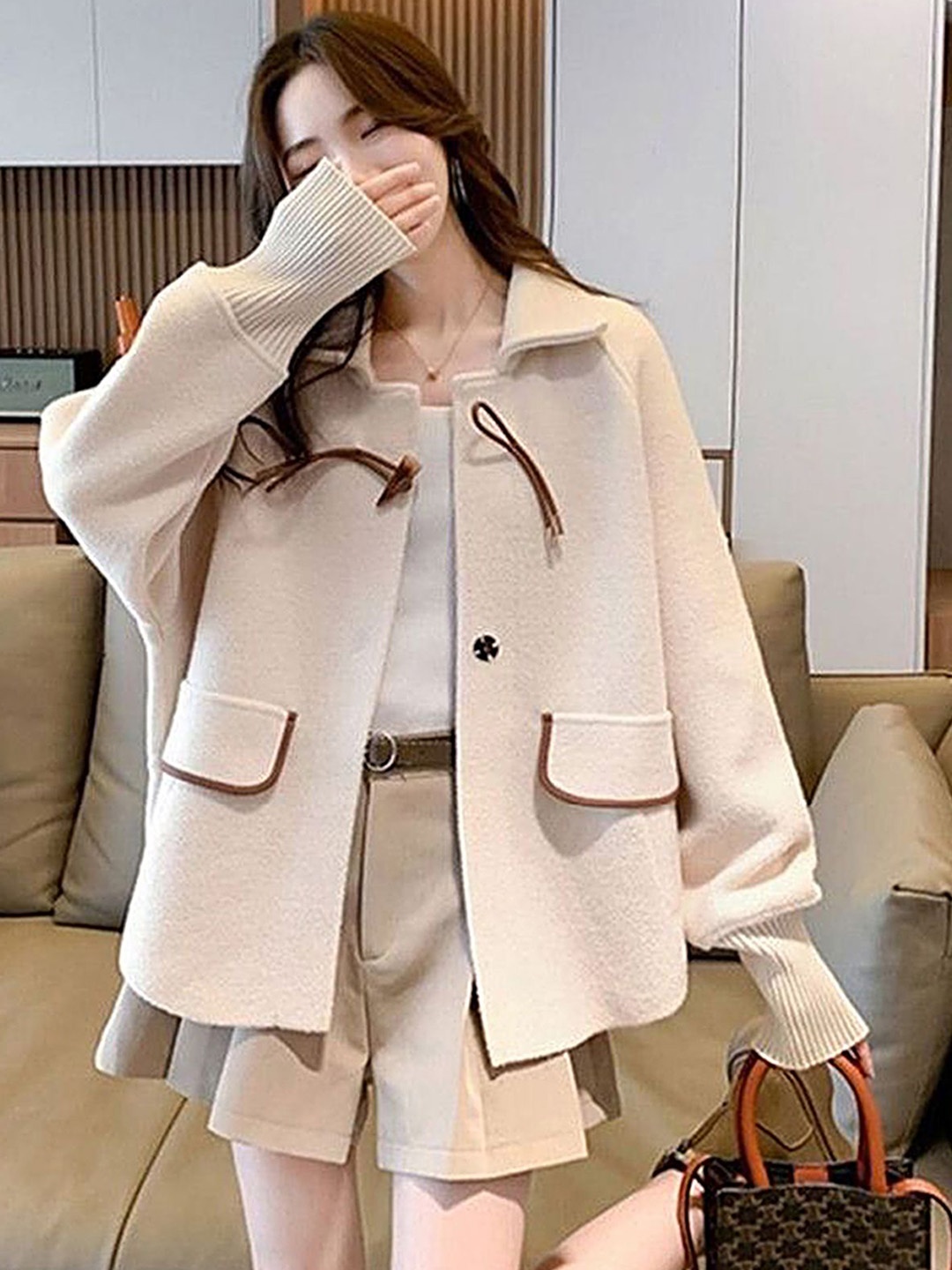 

LULU & SKY Women Geometric Colourblocked Longline Tailored Jacket, Beige