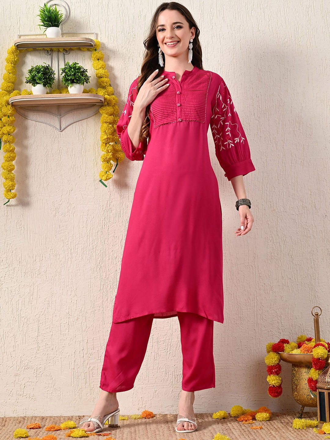 

ZYORIKA Women Floral Embroidered Regular Kurta with Trousers, Pink