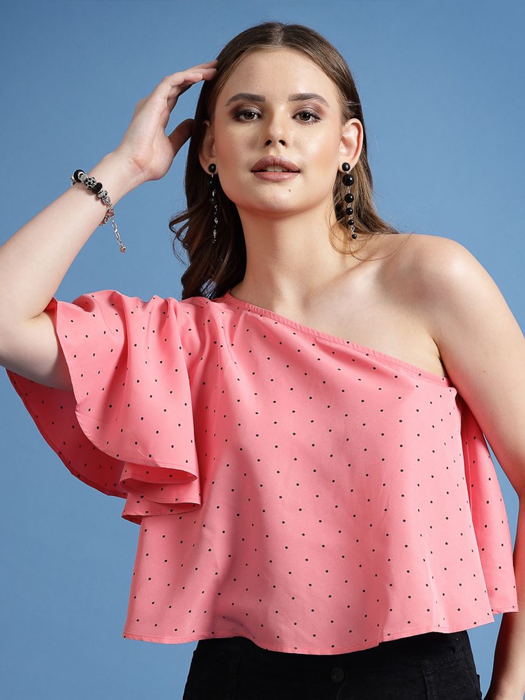 

BEING NAUGHTY Women Polka Dot Printed One Shoulder Blouson Crop Top, Pink