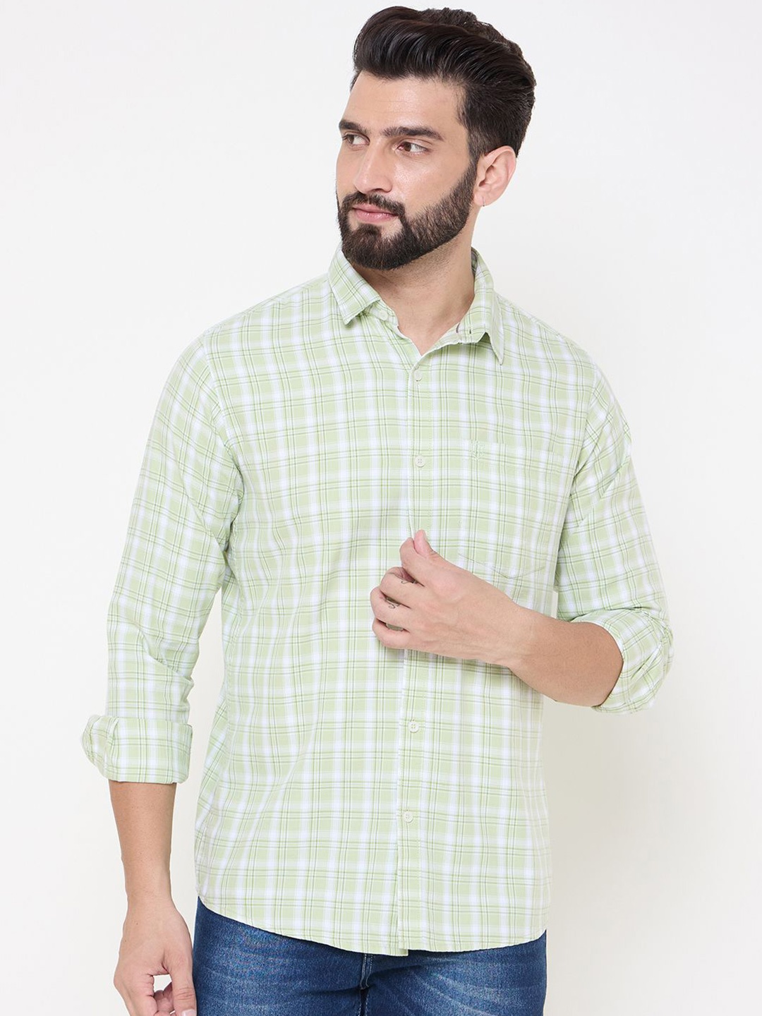 

Duke Men Spread Collar Tartan Checked Cotton Slim Fit Casual Shirt, Green