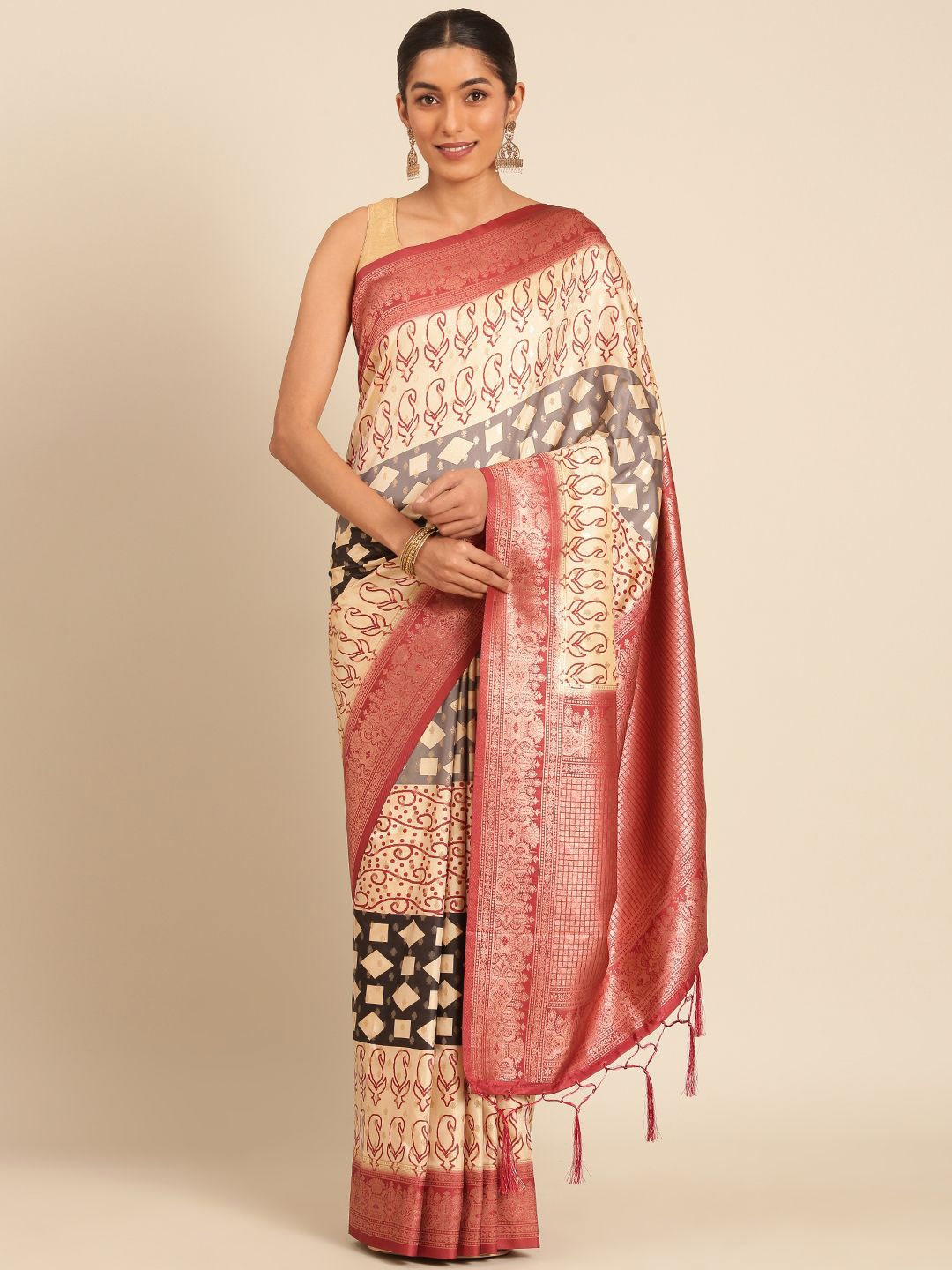 

Panzora Paisley Woven Design Zari Saree With Blouse Piece, Cream