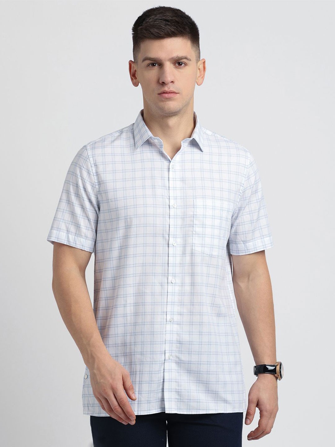 

Turtle Men Standard Spread Collar Checked Cotton Slim Fit Formal Shirt, Blue