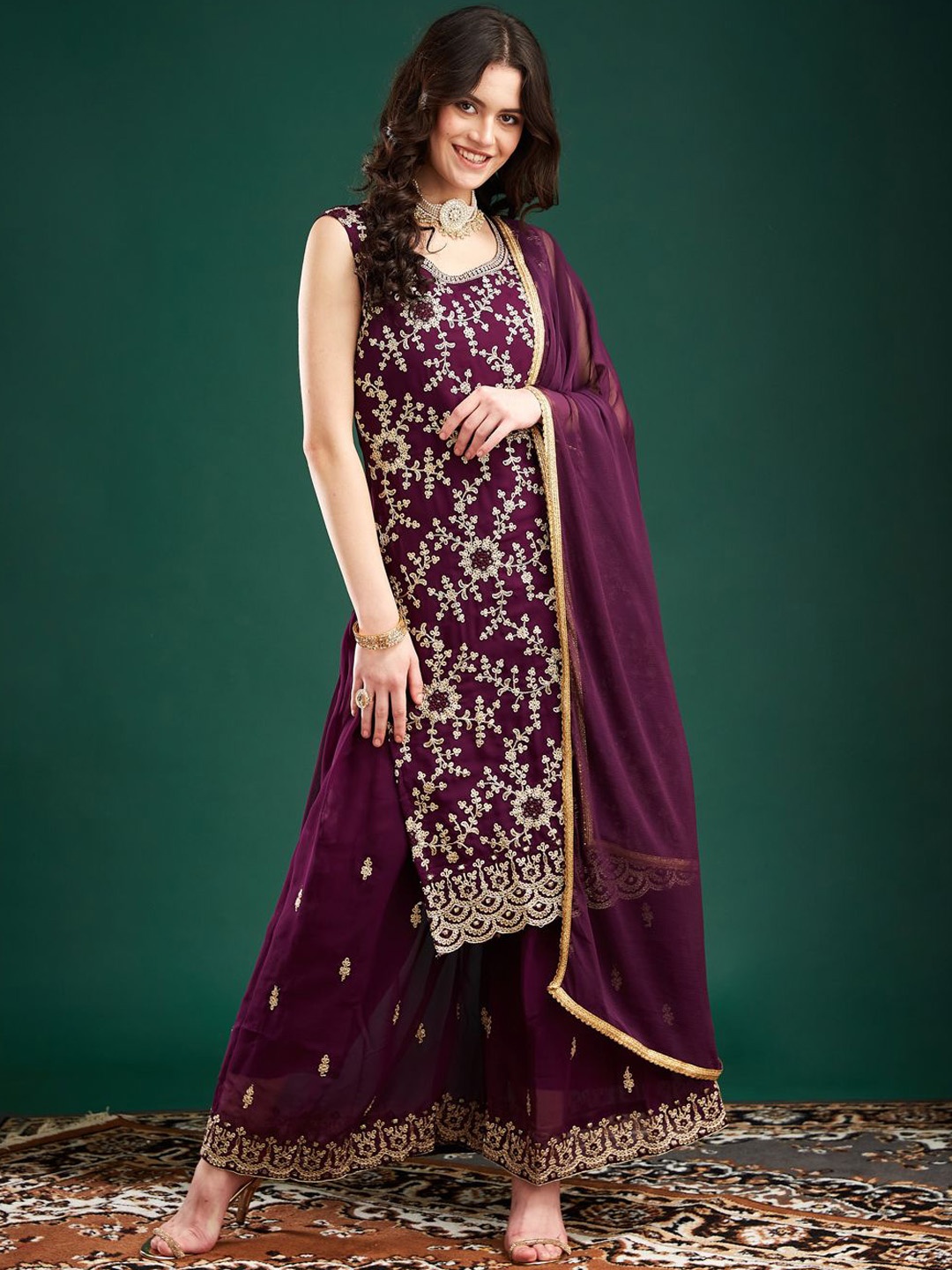 

MAHALASA Women Ethnic Motifs Embroidered Regular Sequinned Kurti with Palazzos & With Dupatta, Purple