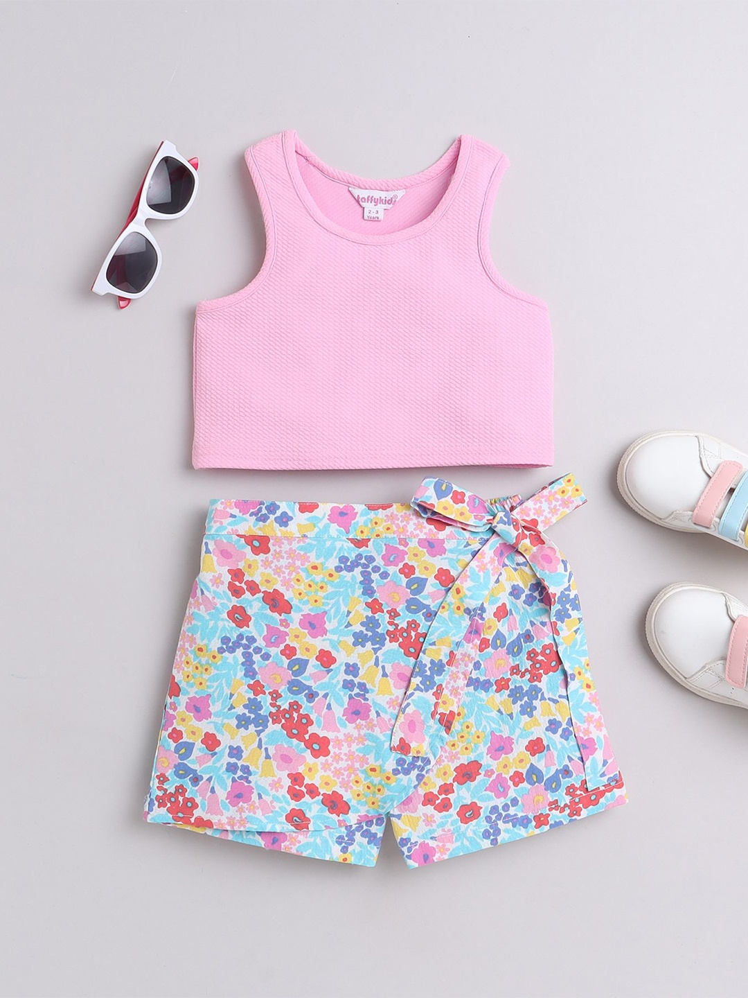 

taffykids Girls Round Neck Tank Top With Shorts, Pink