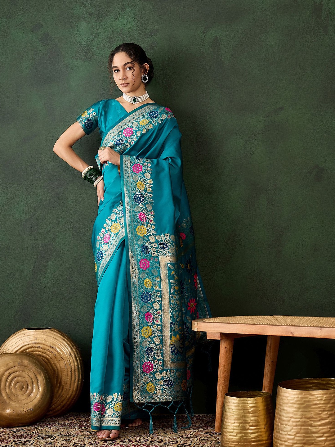 

Kalista Zari Silk Blend Saree, Teal