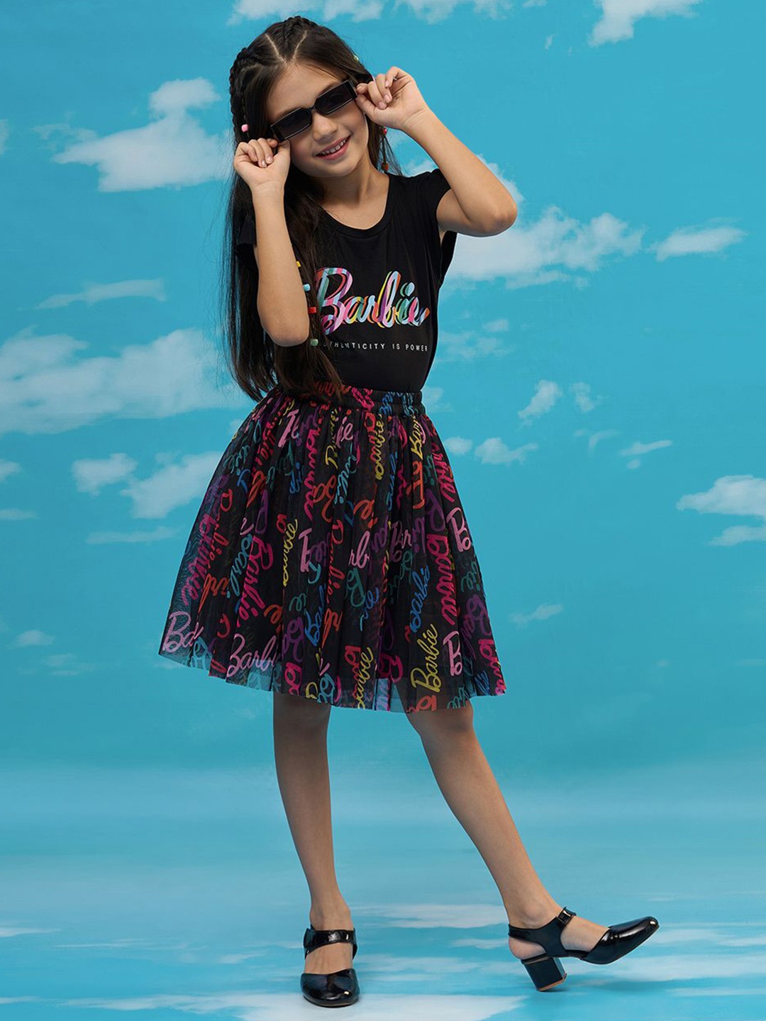 

LIL DRAMA Girls Printed Pure Cotton T-shirt with Skirt, Black