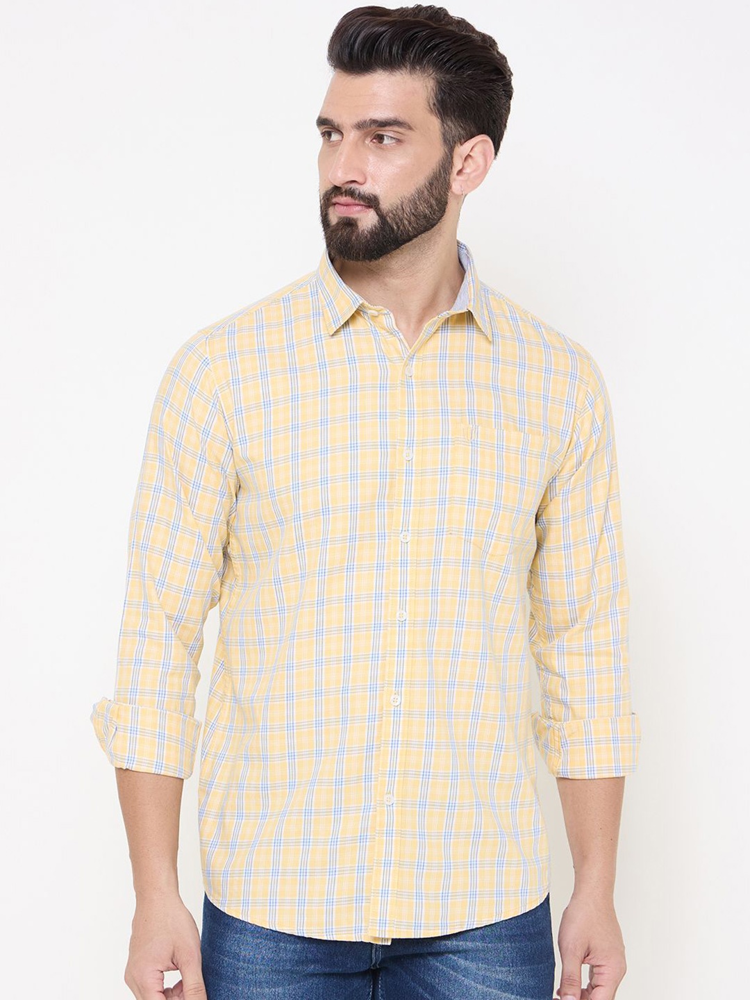 

Duke Men Spread Collar Tartan Checked Cotton Casual Shirt, Yellow