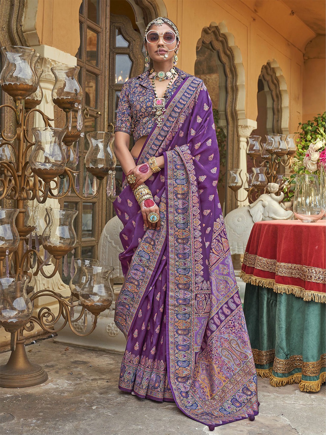 

elora Ethnic Motifs Silk Blend Saree, Purple