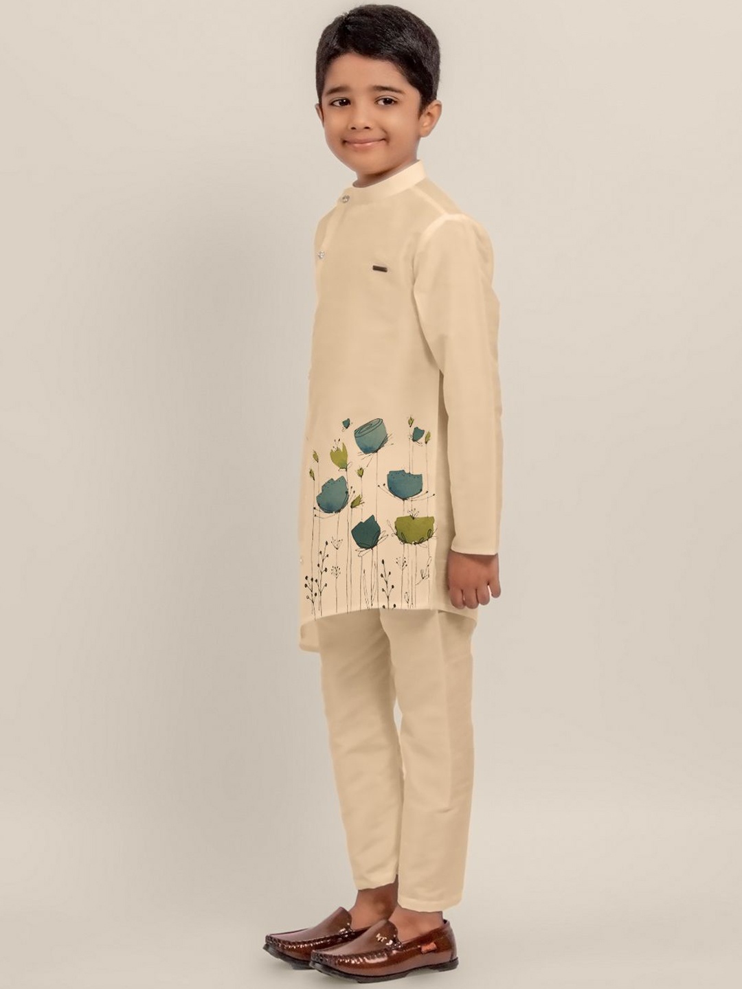 

DEVOILER Boys Ethnic Motifs Printed Thread Work Kurta, Beige