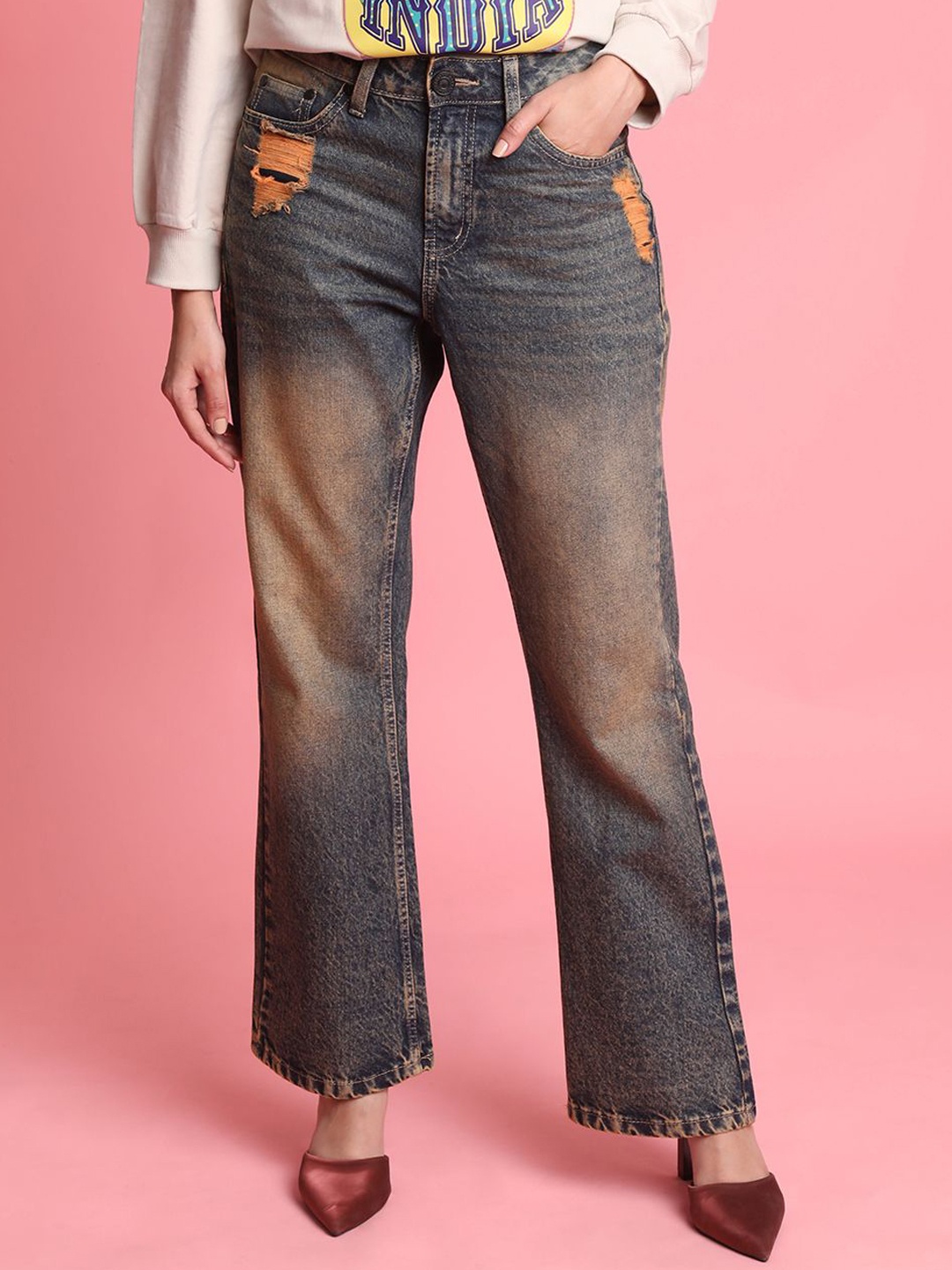 

Bene Kleed Women Bootcut High-Rise Distressed Tinted Jeans, Blue
