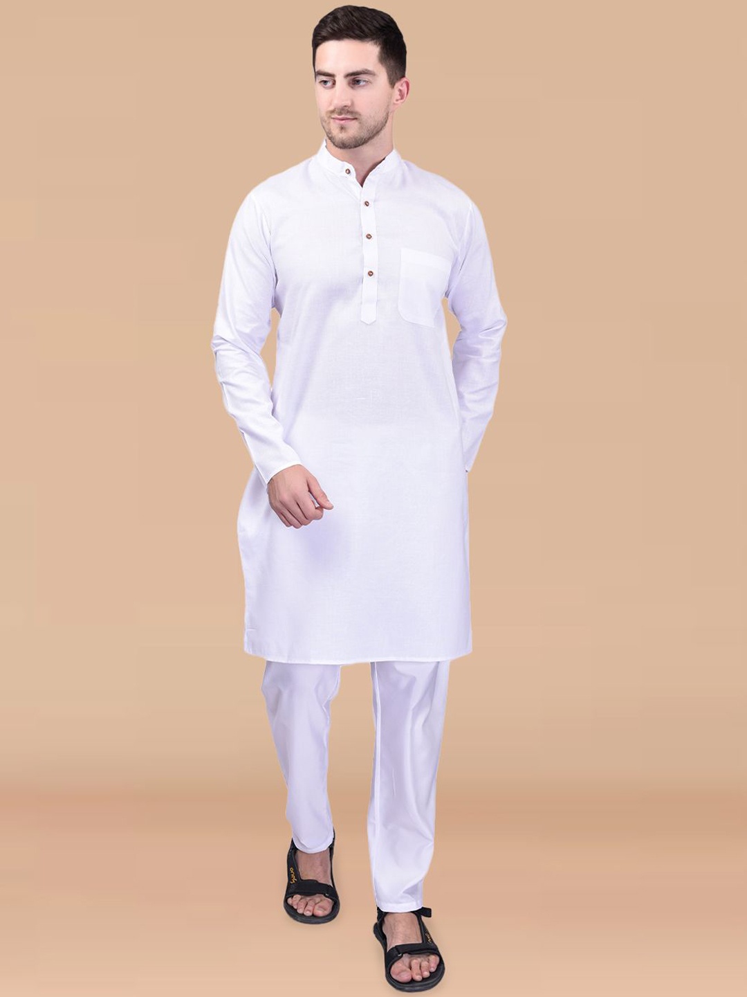 

BOWLIFESTYLE Band Collar Pure Cotton Straight Kurta with Trousers, White