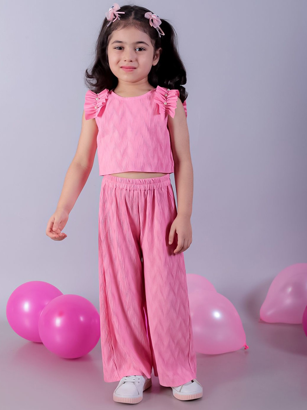

LIL DRAMA Girls Self Design Top with Palazzos, Pink