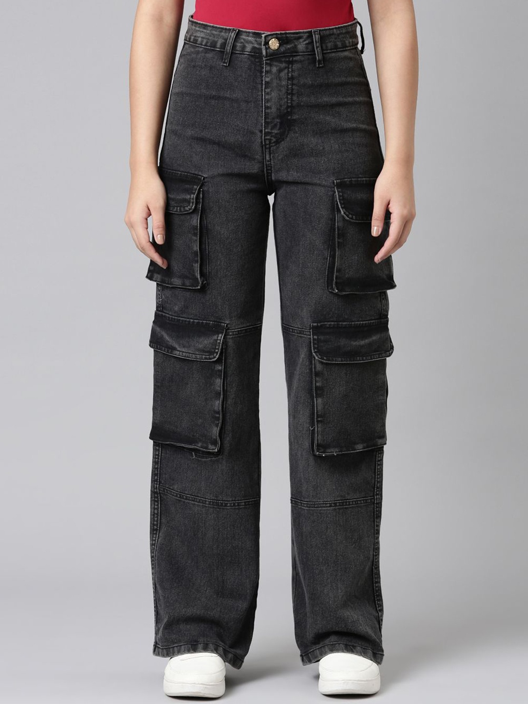 

ZHEIA Women Cotton Wide Leg High-Rise Light Fade Stretchable Jeans, Black