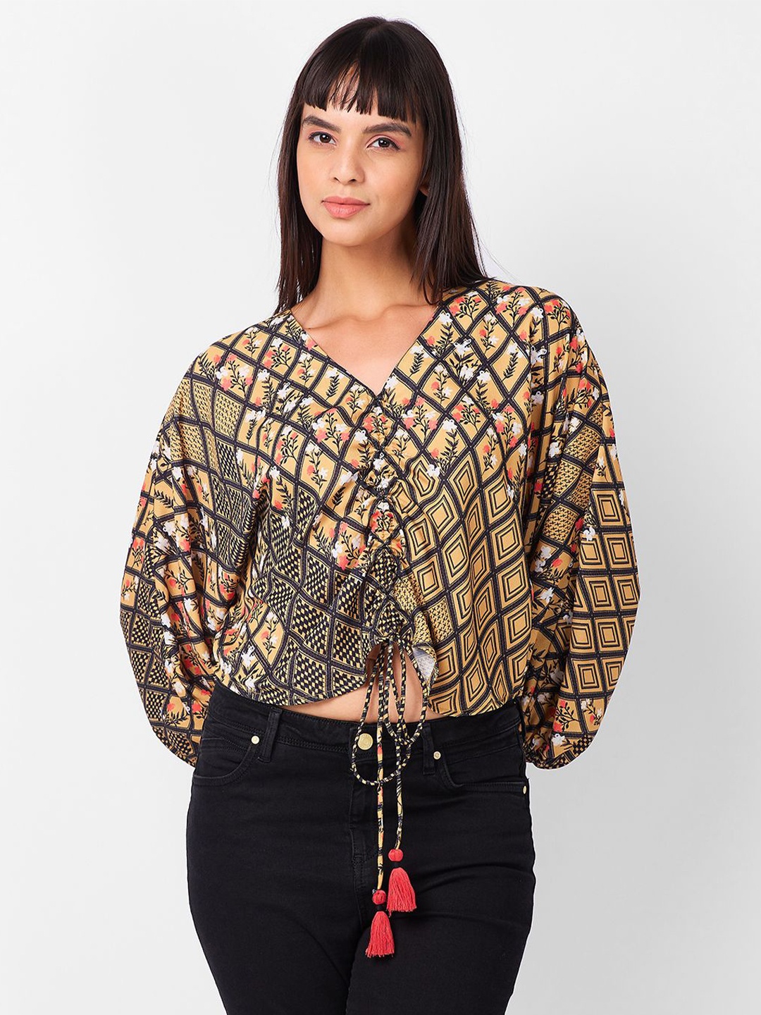 

IZEL Geometric Print Puff Sleeve Crop Top, Yellow