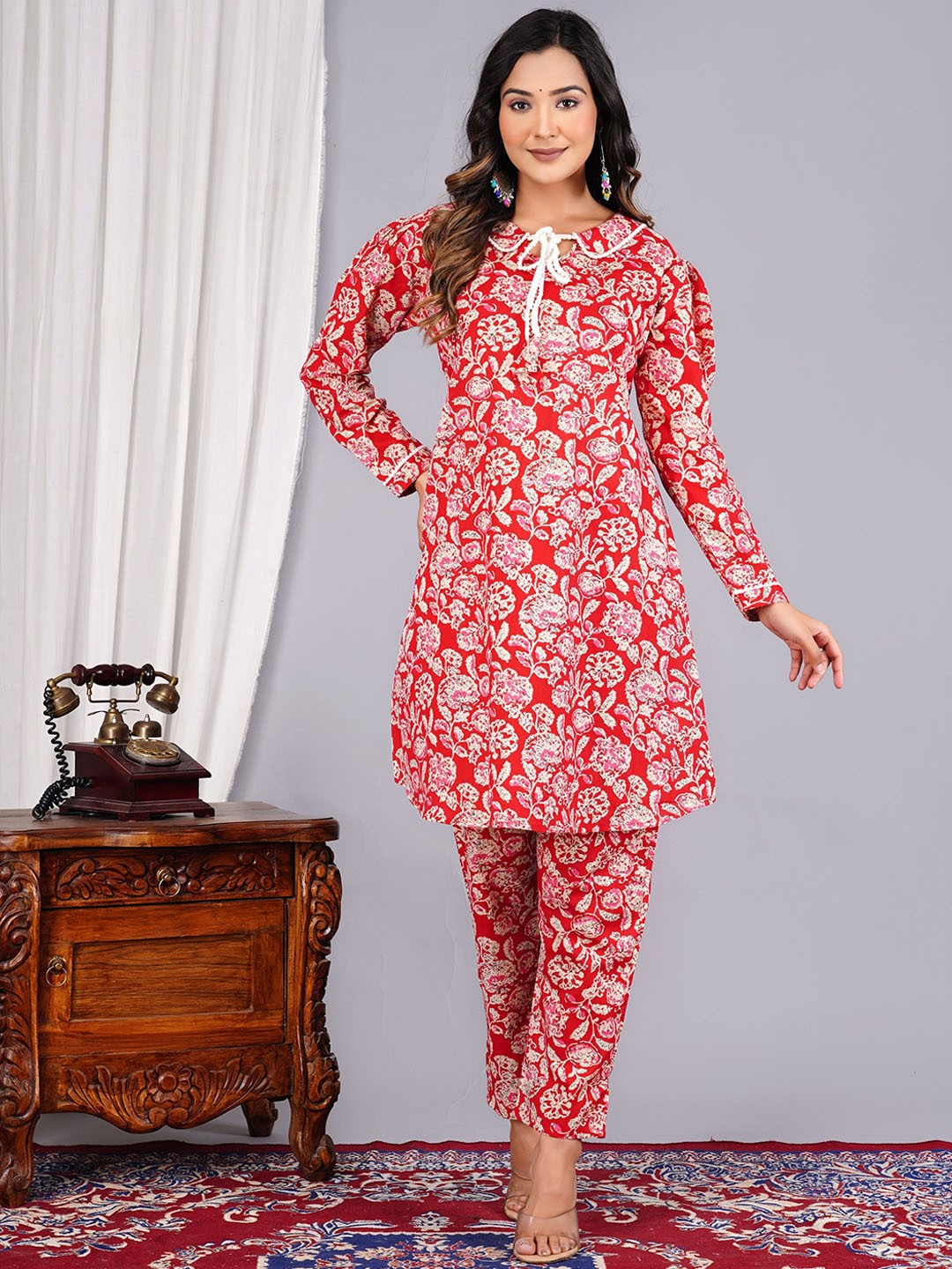

Lovista Shirt Collar Floral Printed Pure Cotton Tunic & Trouser, Red