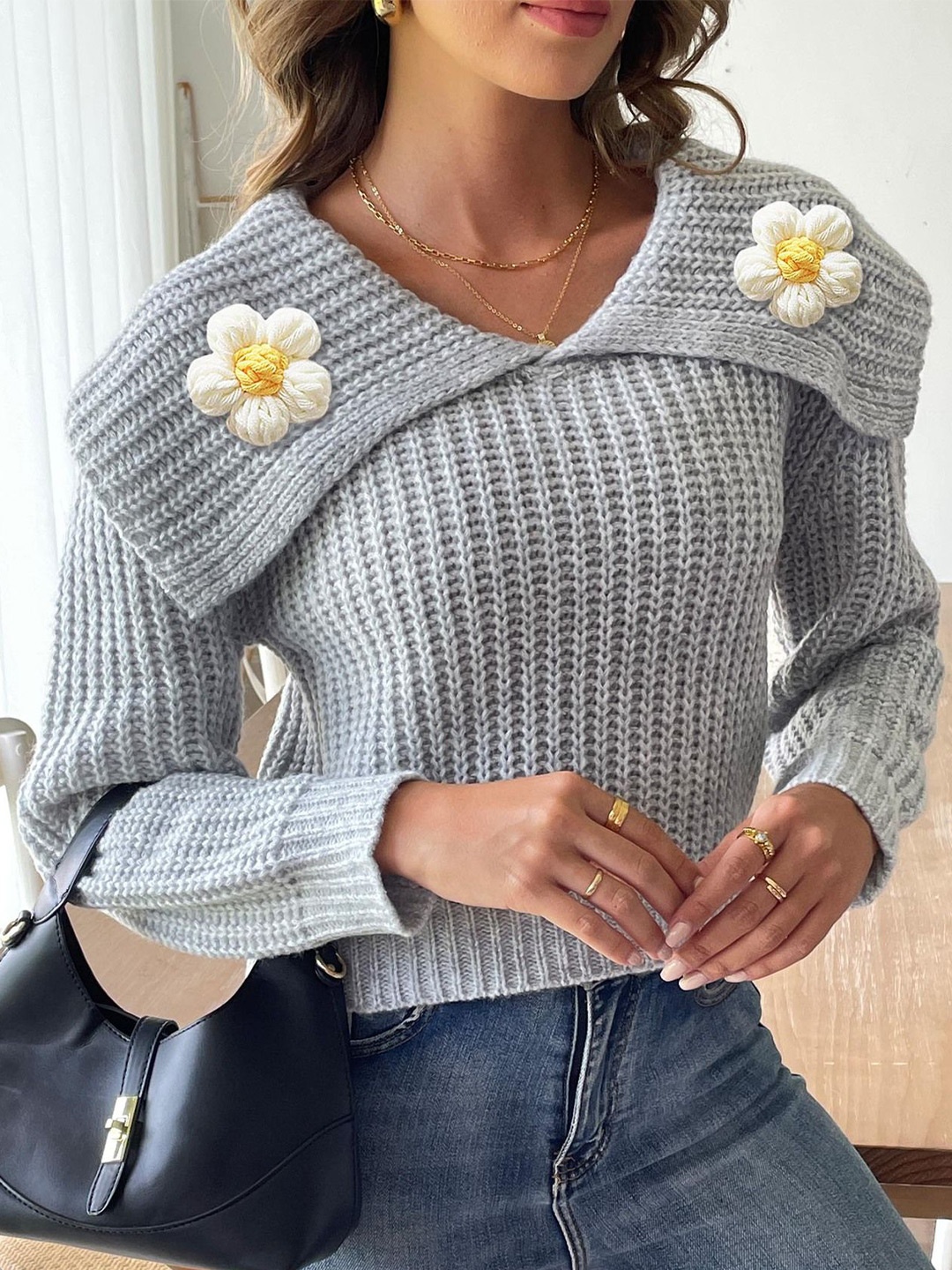 

StyleCast Women Cable Knit Pullover with Embroidered Detail, Grey