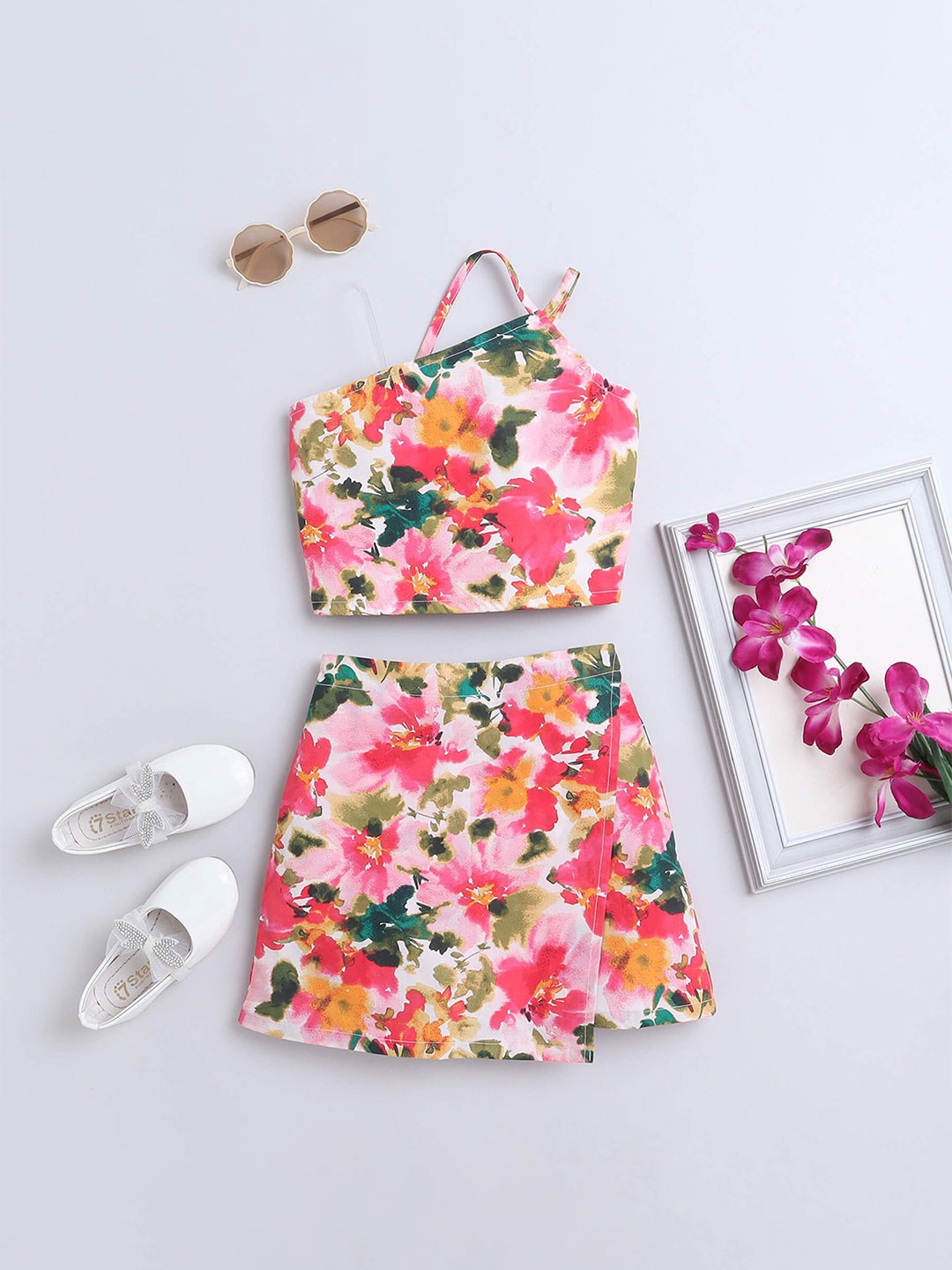 

taffykids Girls Printed Top with Skirt, Pink