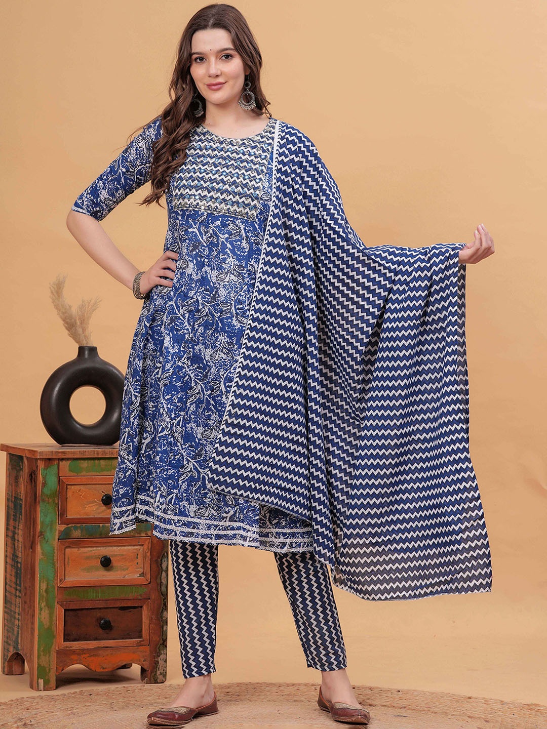 

CHIRAAI Ethnic Motifs Printed Panelled Anarkali Pure Cotton Kurta with Trousers & Dupatta, Blue