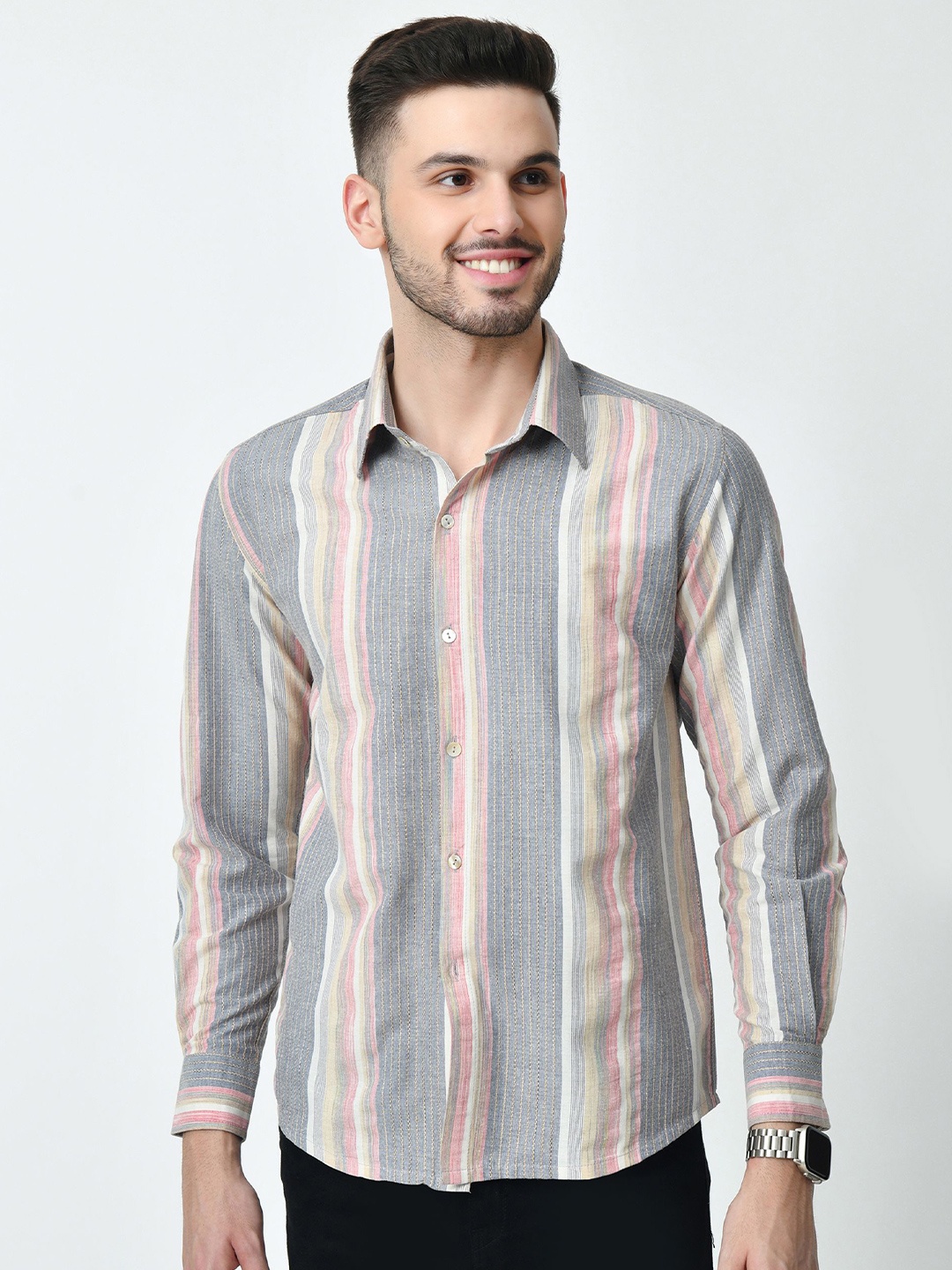 

BAESD Men Standard Multi Stripes Opaque Striped Casual Shirt, Grey