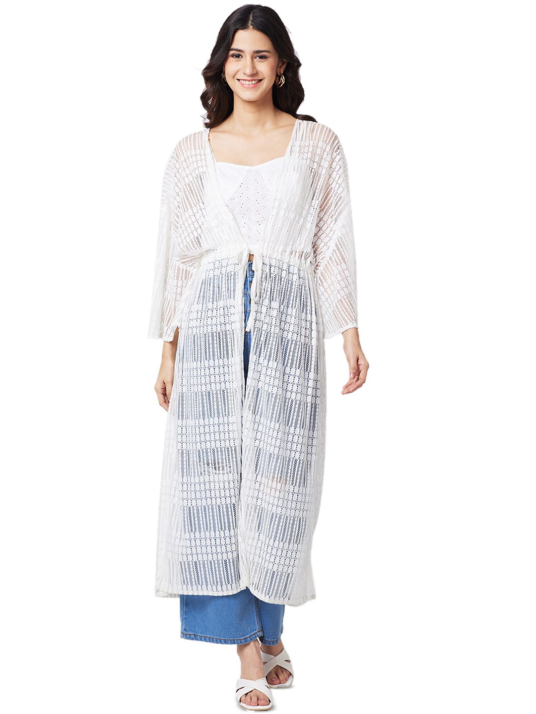 

IZEL Self Design Longline Tie-Up Shrug, White