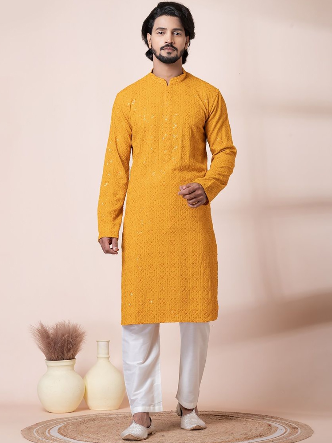 

HU - Handcrafted Uniquely Men Geometric Embroidered Kurta, Mustard