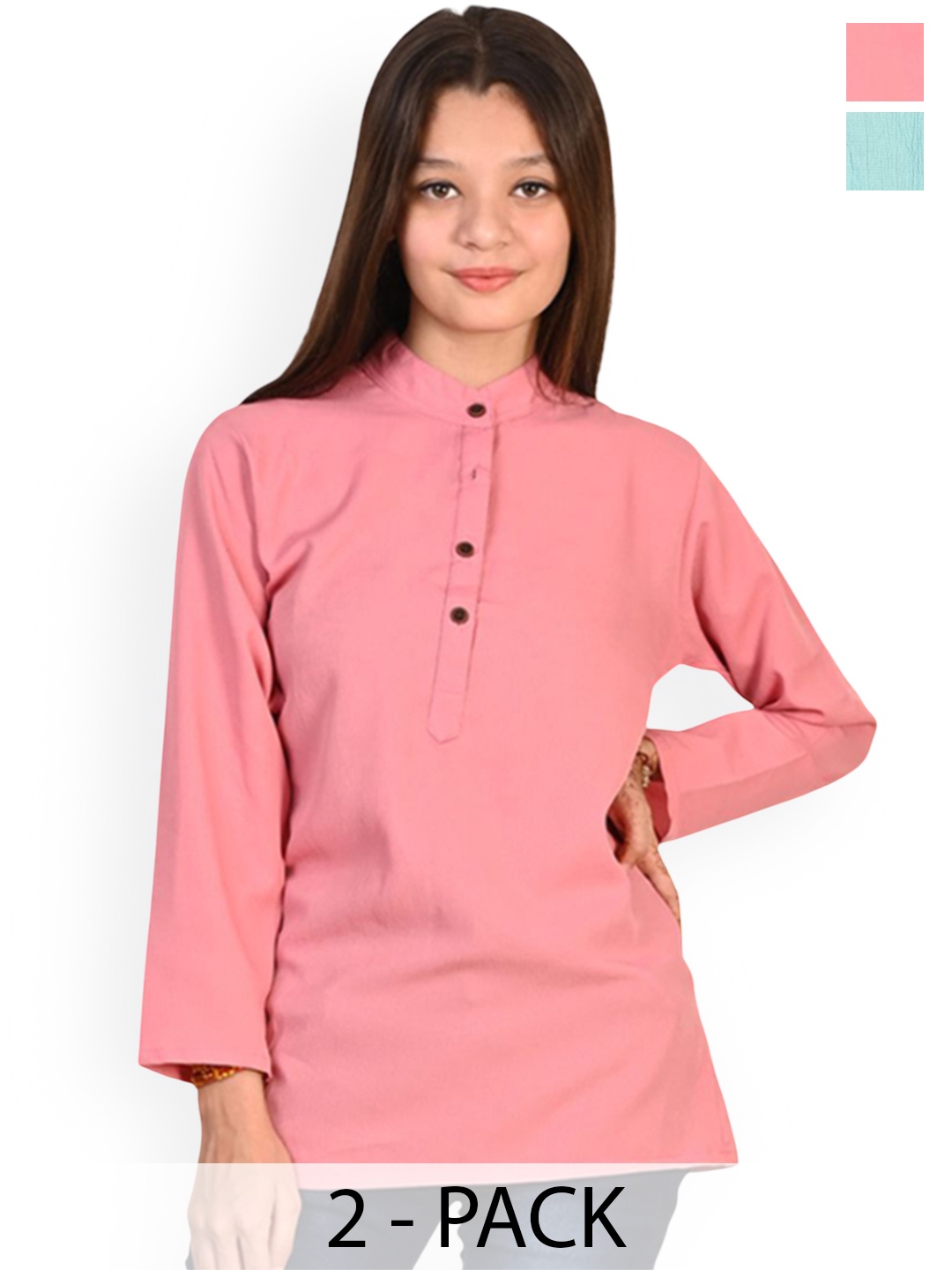 

BAESD Girls Pack of 2 Band Collar Crepe Straight Kurta, Pink