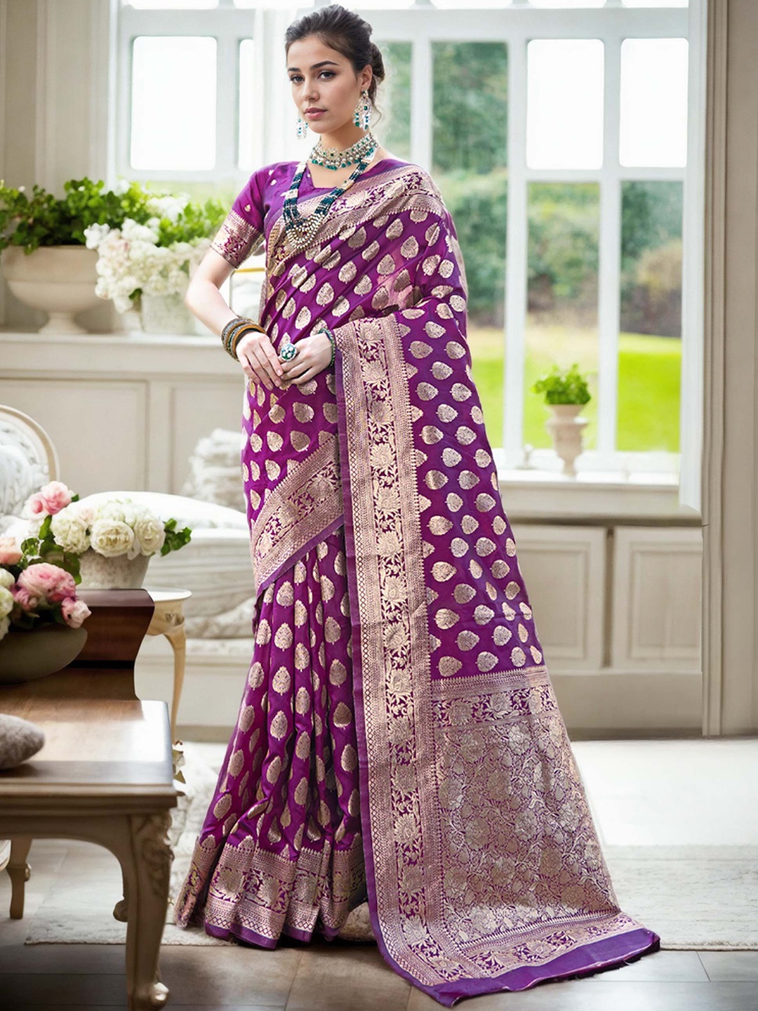 

Anouk Ethnic Motifs Zari Banarasi Saree, Magenta