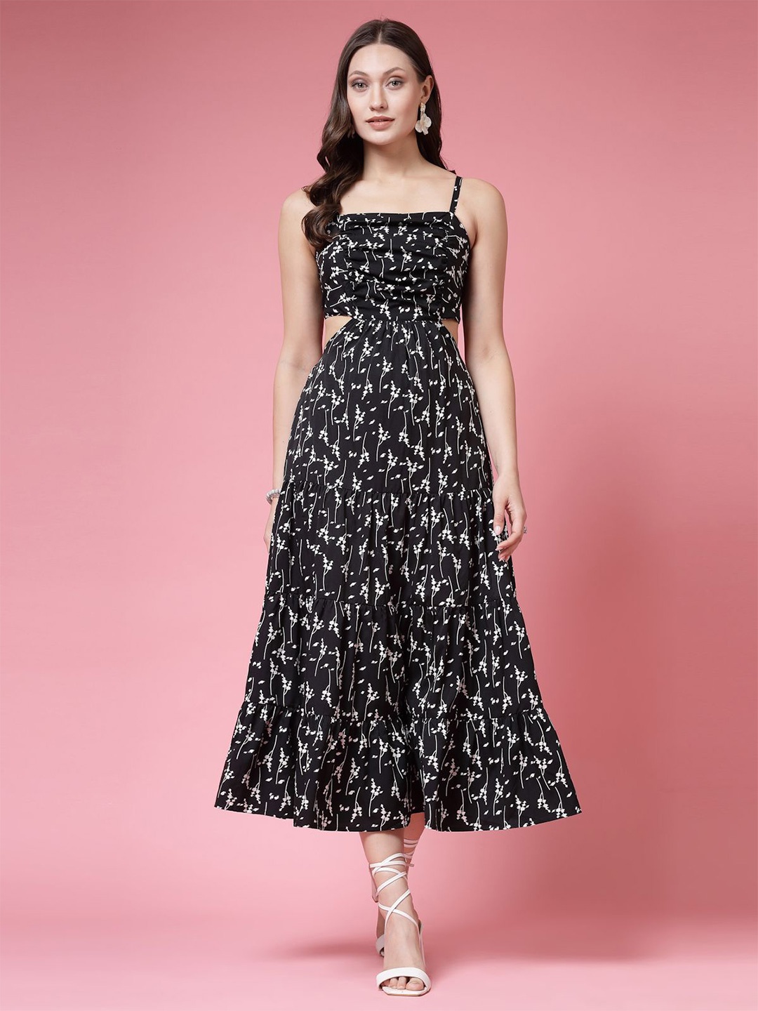 

BEING NAUGHTY Women Floral Printed Shoulder Straps Cut-Outs Fit & Flare Midi Dress, Black