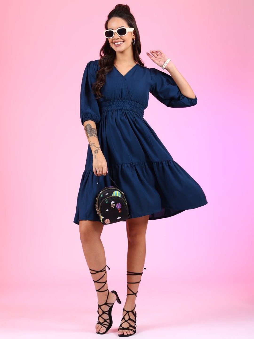

Femvy Women V-Neck Tiered Fit & Flare Dress, Blue