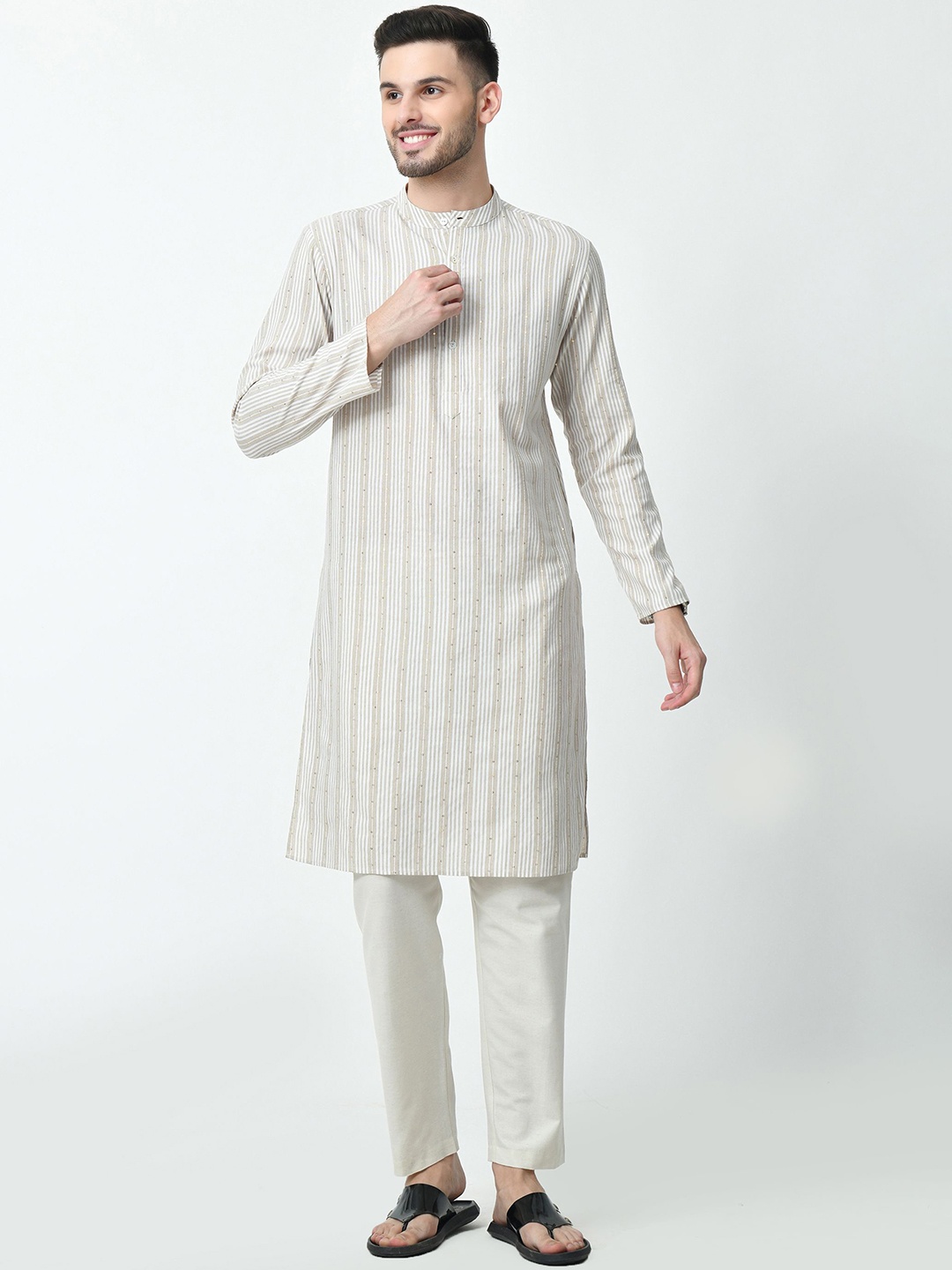 

ALL WAYS YOU Men Embellished Thread Work Kurta, Beige