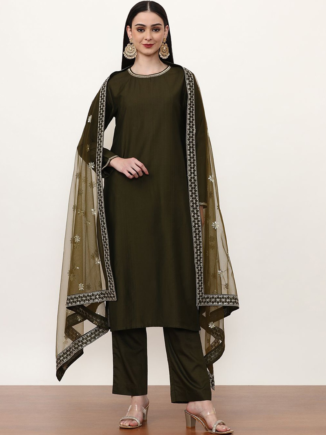 

Jaipur Kurti Round Neck Regular Straight Kurta with Trousers & Dupatta, Green