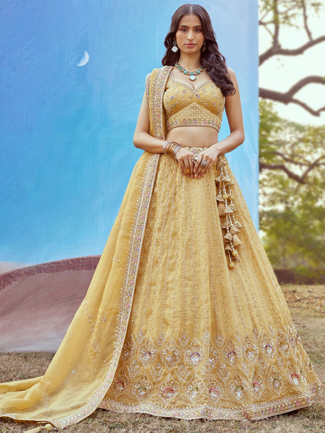 

panchhi Embellished Beads & Stones Semi-Stitched Lehenga & Unstitched Blouse With Dupatta, Mustard