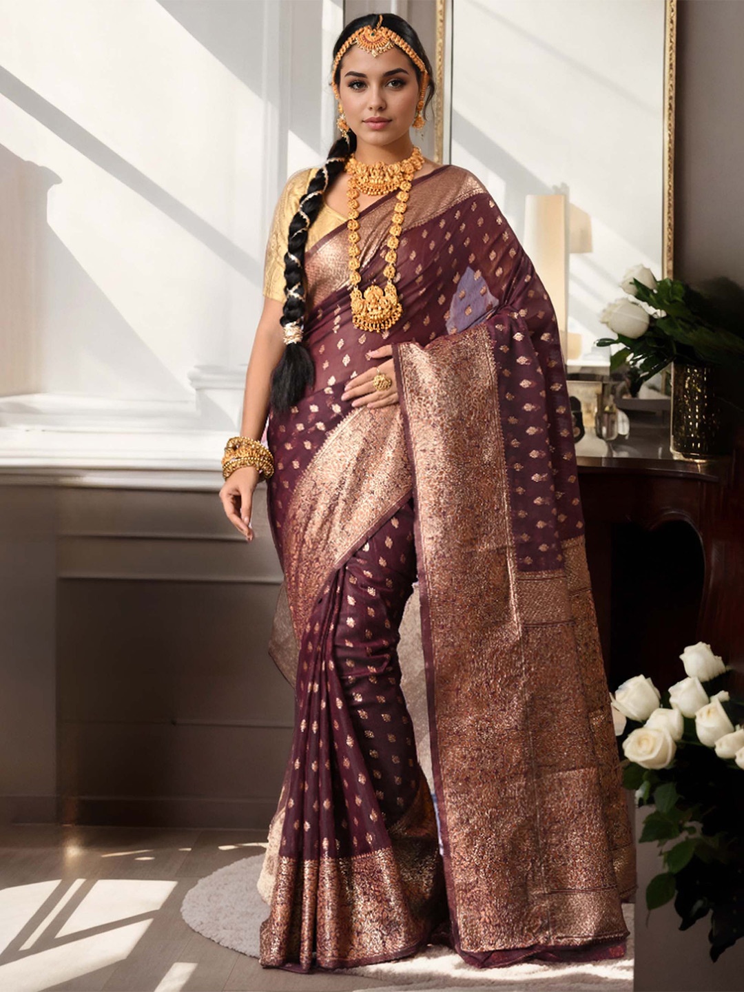 

Anouk Woven Design Zari Organza Banarasi Saree, Burgundy