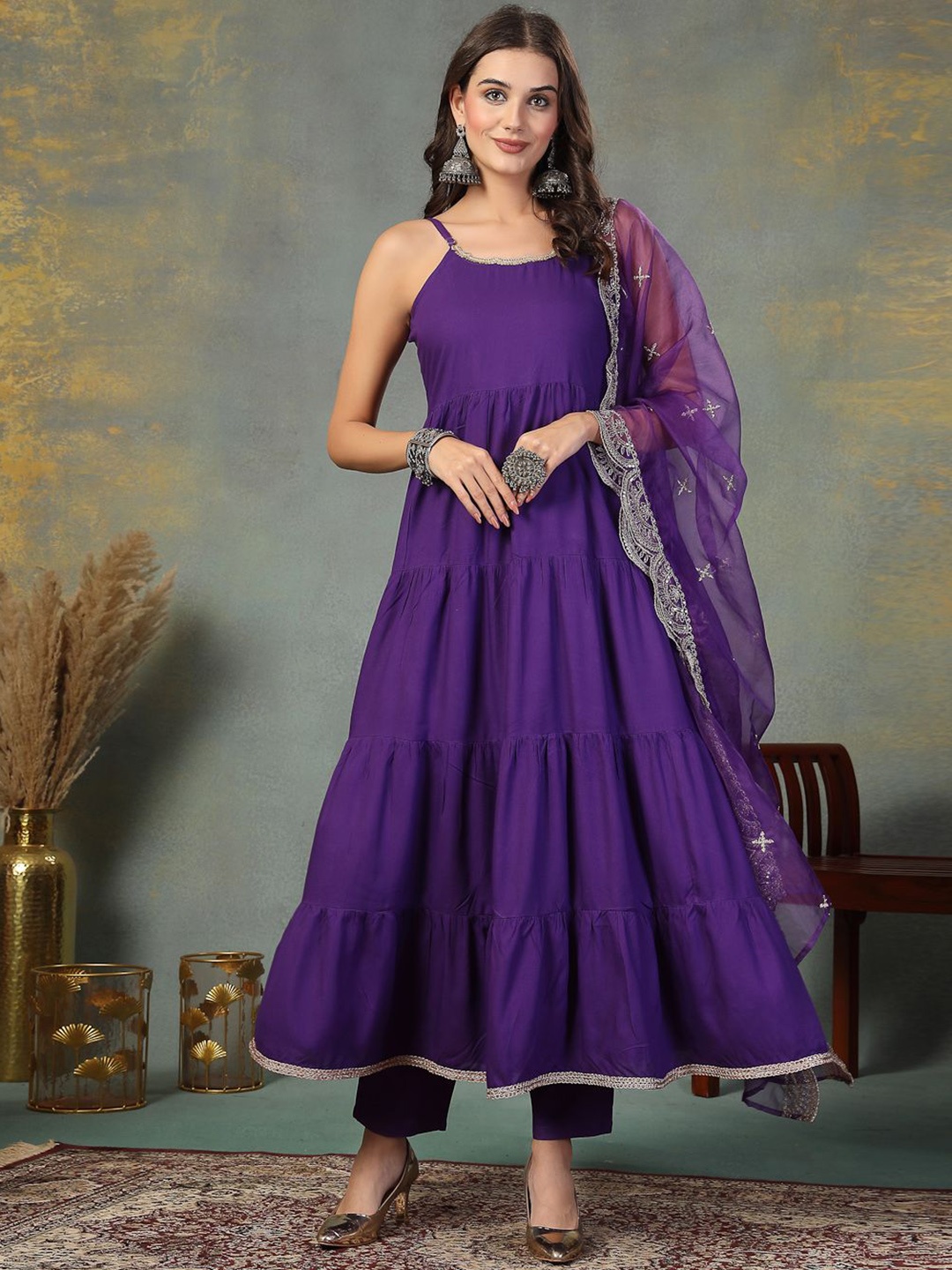 

Stylum Women Tiered Kurta with Trousers & With Dupatta, Violet