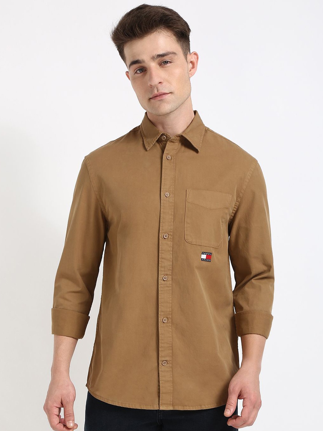 

Tommy Hilfiger Men Spread Collar Solid Cotton Casual Shirt, Brown